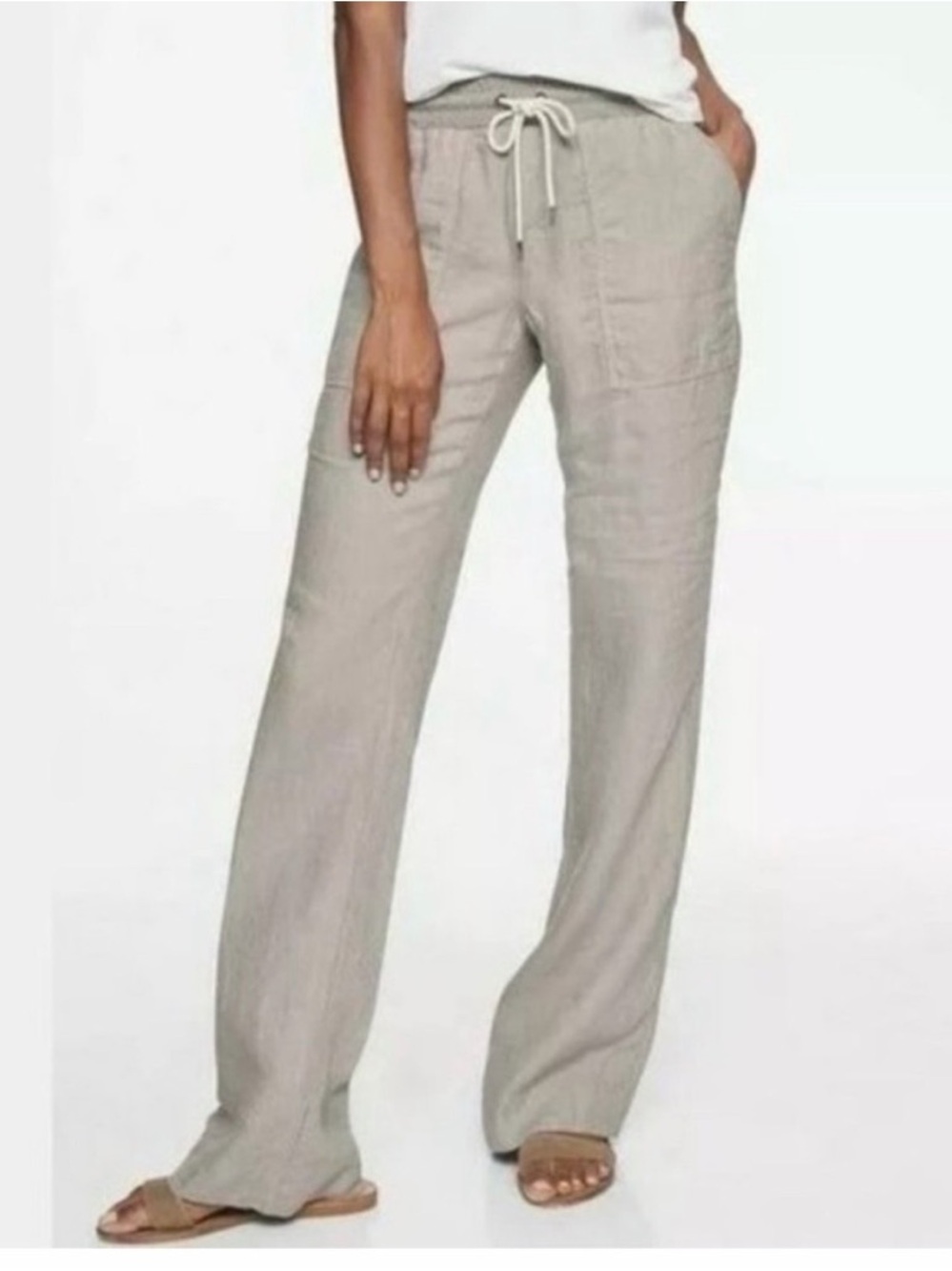 Athleta | Bali Linen Trouser Pant in Tan Beige Stripe